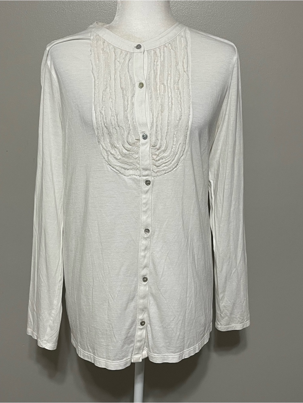 J Jill White Cotton Silk Button-Front Shirt Blouse Tunic Chiffon Ruffle Design